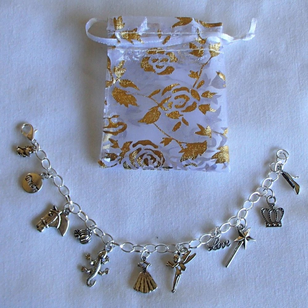 Cinderella Fairy Tale Theme Charm Bracelet Handcrafted + Organza Roses Gift Bag